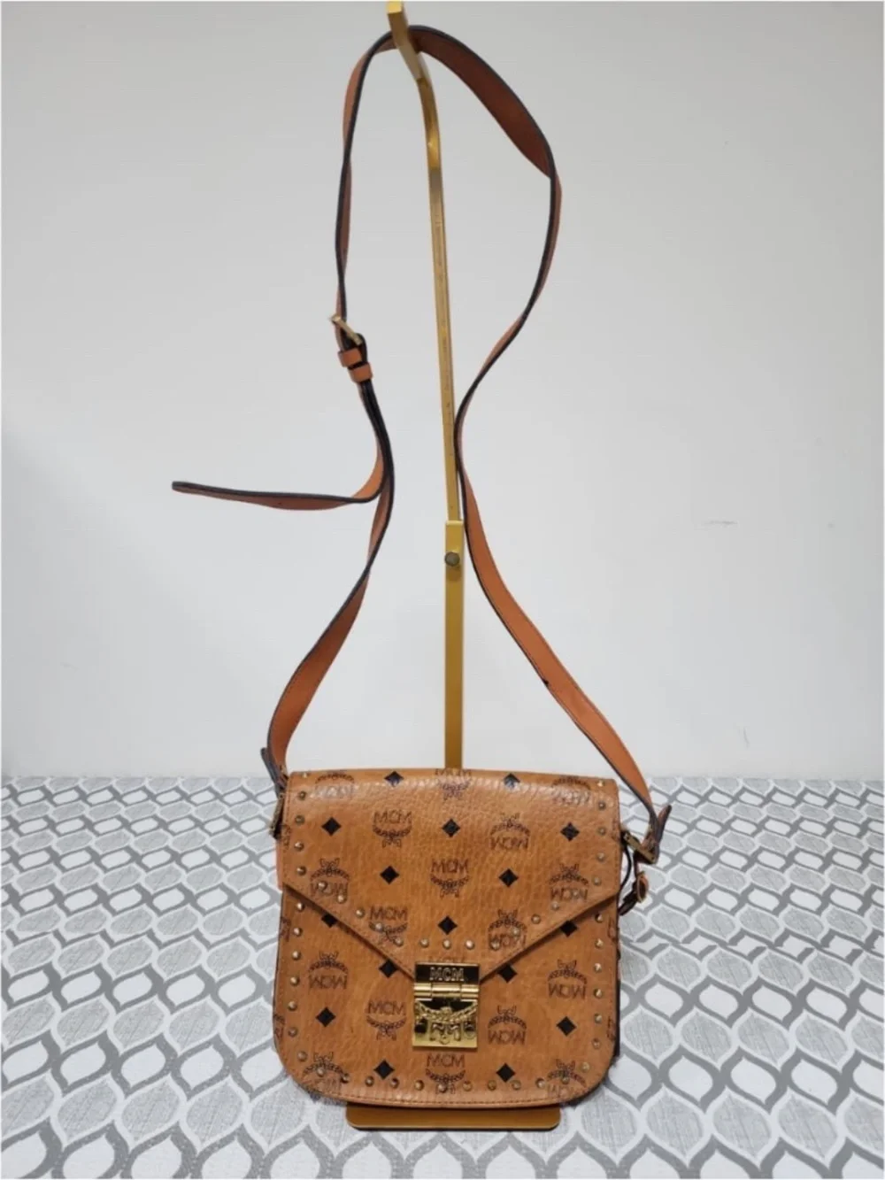 Authentic MCM Patricia Stud Trim Visetos Small Shoulder/ Crossbody Bag Brown